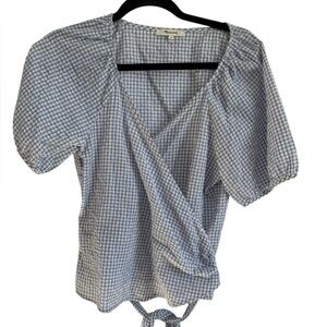 Madewell Gingham Blue and White Cross Tie V Neck Top, Size Medium